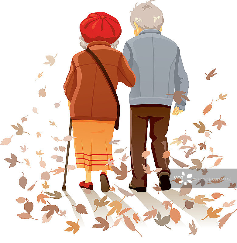 老夫妇在爱走在秋天装饰向量图片素材