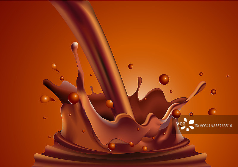 在棕色梯度背景矢量插图上喷洒巧克力液体。图片素材