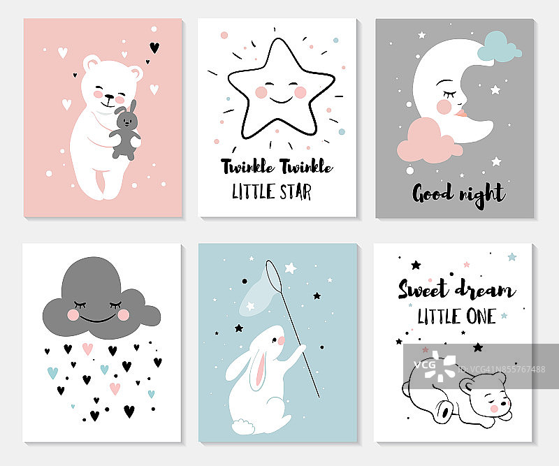 小熊，兔子，月亮和星星。图片素材