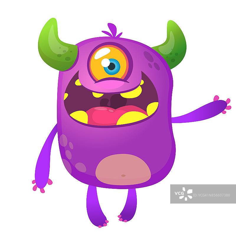 可爱的卡通紫色角和毛茸茸的一只眼睛微笑的怪物。万圣节的矢量图图片素材