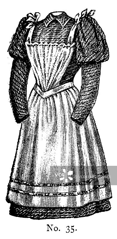 19世纪少女高领羊腿袖上衣和围裙连衣裙的时尚盘;维多利亚时代的服装和最新时装1893年图片素材