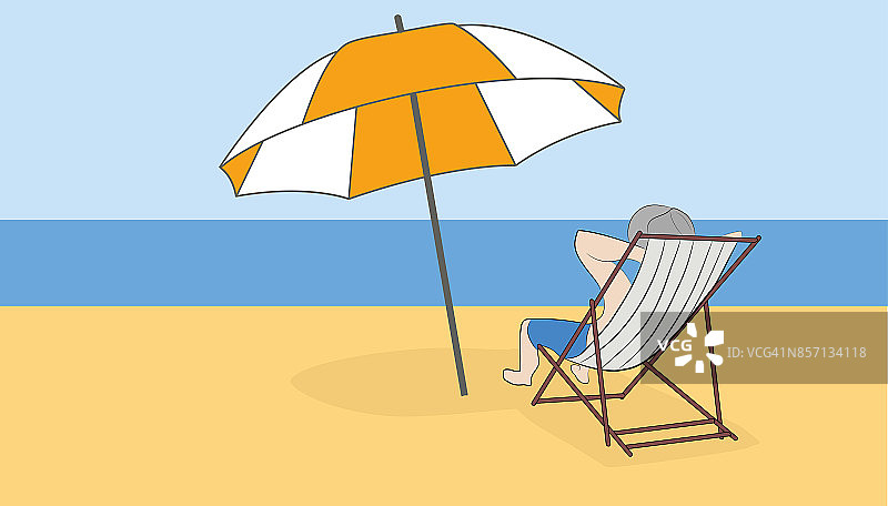 一个男人正在海滩上的躺椅上晒太阳。假期的概念。为设计和信息图手绘卡通矢量插图。图片素材