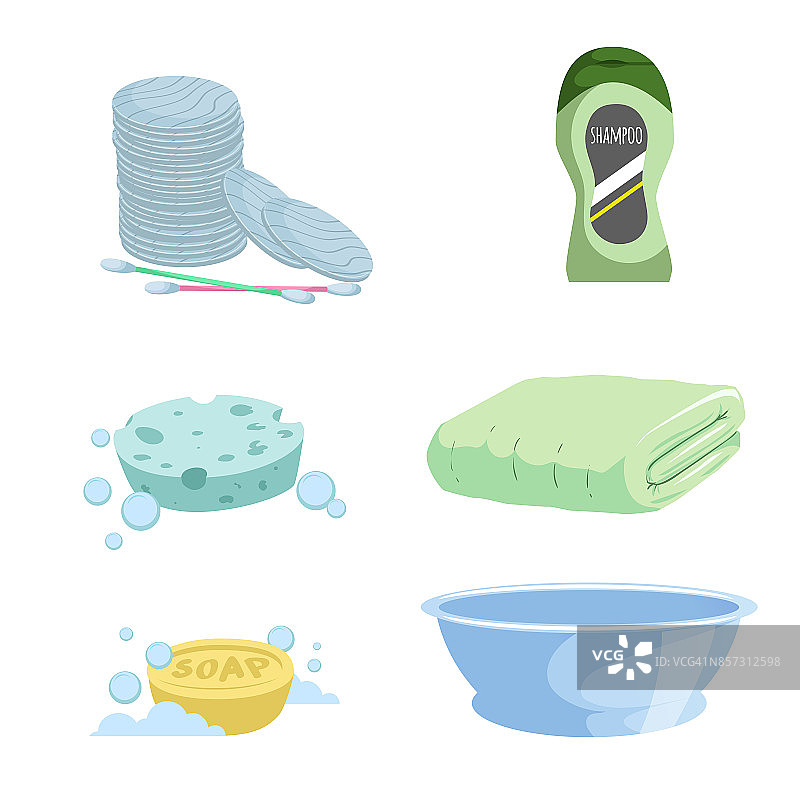 卡通时尚简单梯度浴图标设置。棉棒、棉垫、肥皂、绿色毛巾、洗发瓶、蓝色洗手盆、海绵。健康和卫生矢量符号。图片素材