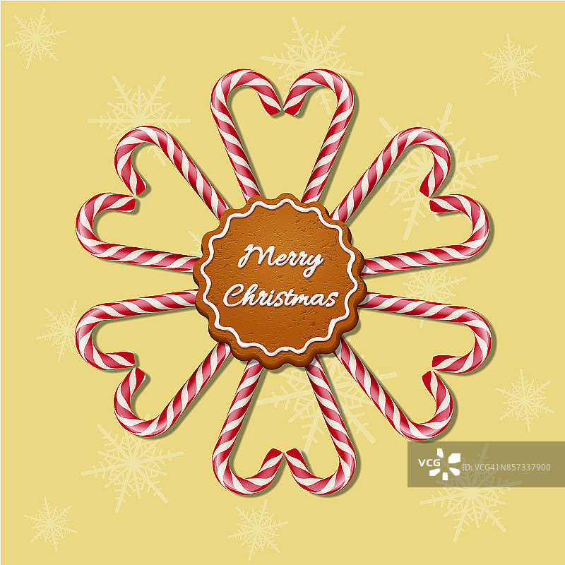 圣诞糖果拐杖心形和雪花形状与红色条纹丝带和饼干与圣诞快乐的文字。向量圣诞背景。图片素材