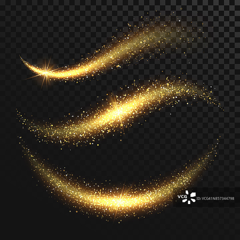 星尘。金色闪烁的魔法矢量波与金色粒子隔离在黑色的背景图片素材