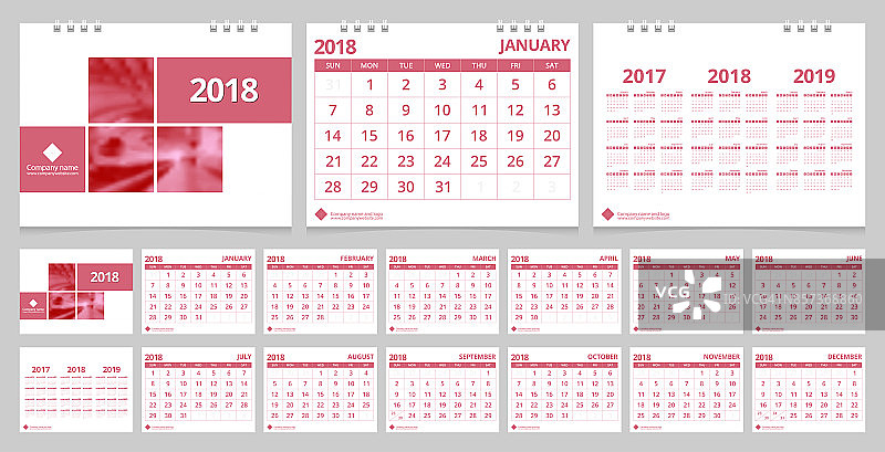 日历2018周开始于周日企业业务设计模板向量粉色玫瑰和白色样本图像梯度网格。图片素材