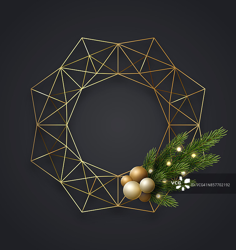 几何金色金属圣诞花环灯泡，绿色松树或冷杉树枝和圣诞球。矢量模板，文本空间图片素材