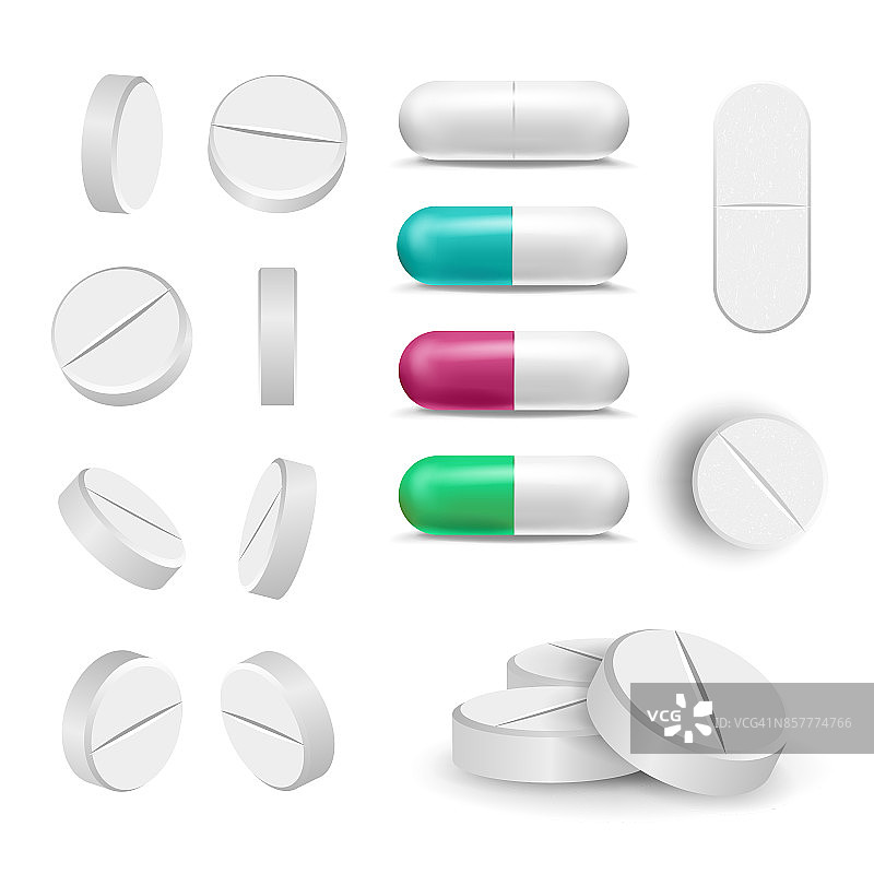 现实药丸和药物设置向量。止痛药、医药抗生素。孤立的插图图片素材