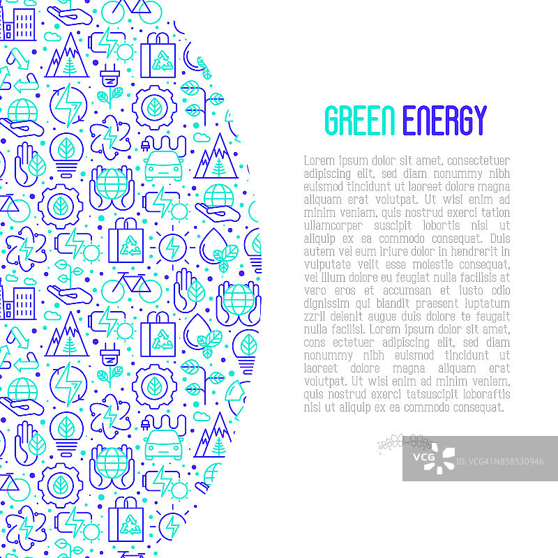 生态和绿色能源的概念与细双色线图标，环境，回收，可再生能源，自然。矢量插图的旗帜，网页，印刷媒体。图片素材
