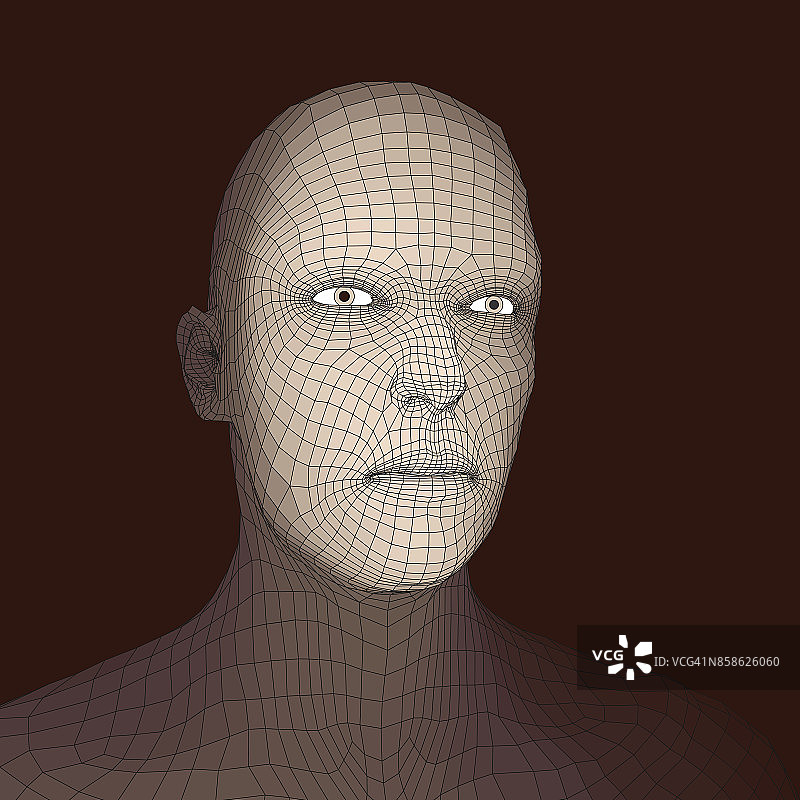 从3d网格的人的头。人体头部电线模型。人类的多边形。面扫描。人头视图。三维几何脸设计。三维多边形覆盖皮肤。几何多边形人肖像。图片素材
