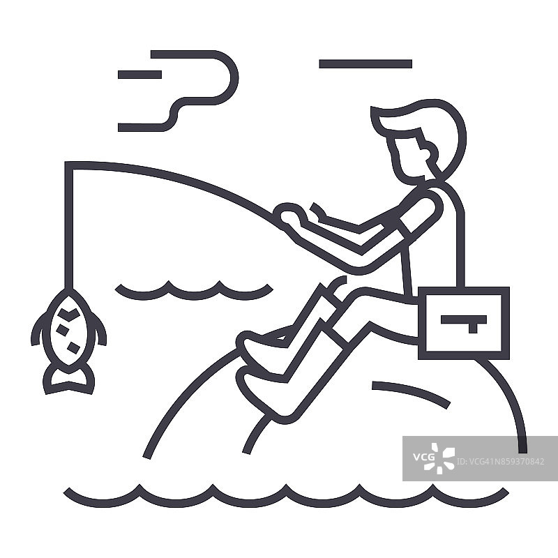 钓鱼人与杆矢量线图标，标志，插图的背景，可编辑的笔画图片素材