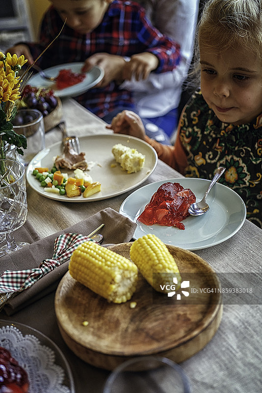 家庭享用传统节日火鸡大餐图片素材