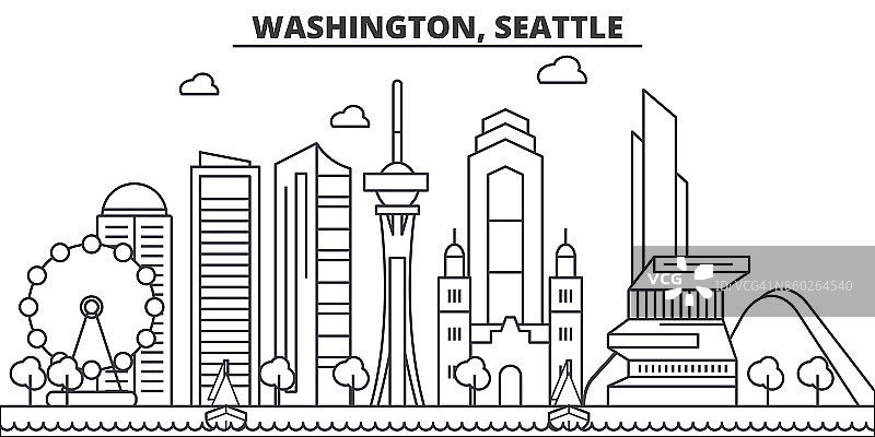 华盛顿，西雅图建筑线天际线插图。线性向量的城市景观与著名的地标，城市景观，设计图标。风景与可编辑的笔触图片素材