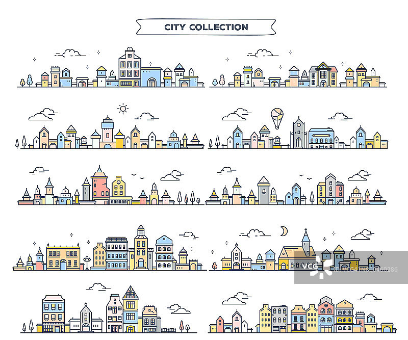 在白色背景上绘制不同的夏季城市景观矢量图。一套以树、云、气球详细描绘城市的欧洲复古色彩。图片素材