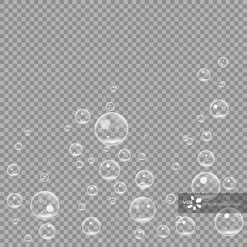 水下嘶嘶的气泡隔离在透明的背景。空气中的水清泡泡在水、海、水族箱、海洋中。矢量图图片素材