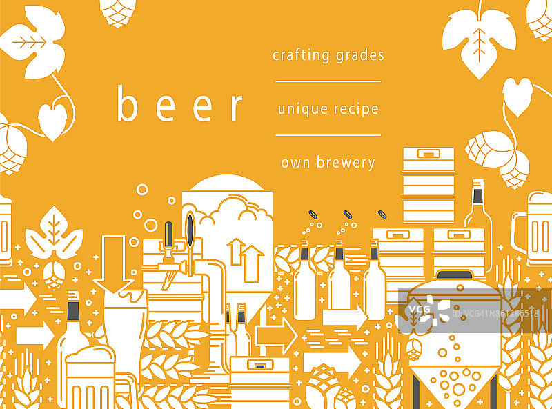 啤酒龙头，杯子，啤酒，酒桶，瓶子，酿酒设备，啤酒花，小麦。黄色背景上的线性图案。矢量插图。用面具裁剪。图片素材