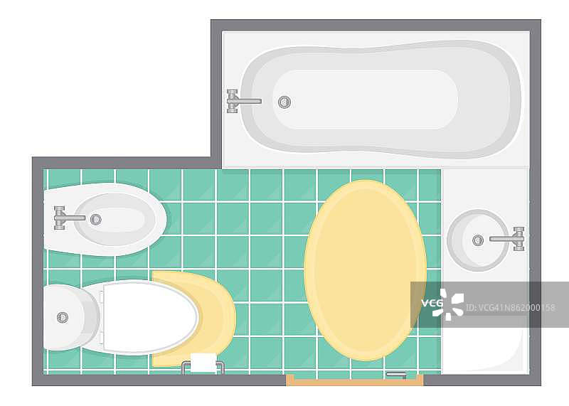 浴室内部顶视图矢量插图。卫生间平面图。图片素材