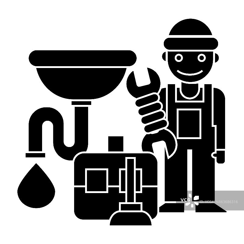 水管工案例-工具-水槽图标，矢量插图，黑色标志在孤立的背景图片素材