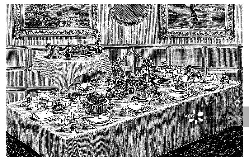 古董食谱书籍雕刻插图:餐桌图片素材