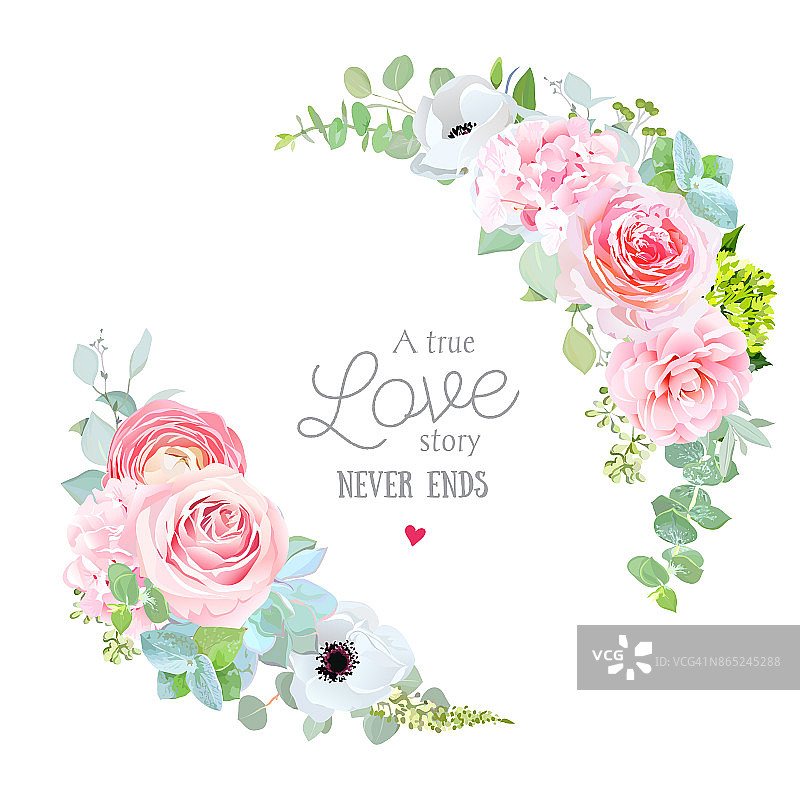 花向量圆形框架粉红玫瑰，绣球花，山茶花图片素材