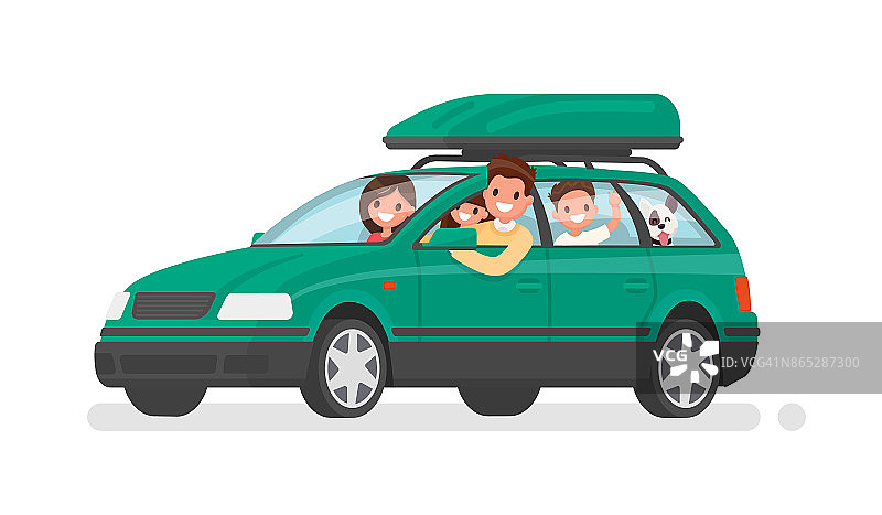 幸福的一家人开车去度假。爸爸，妈妈，儿子，女儿和狗去旅行。矢量图图片素材