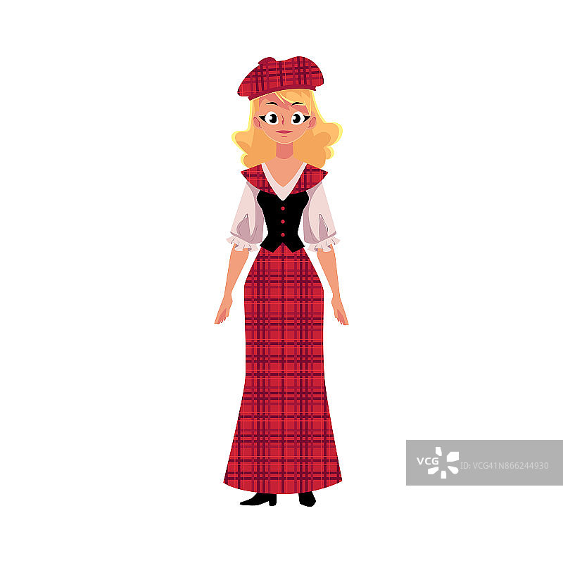 苏格兰妇女，穿着民族服装，戴着格子贝雷帽和长苏格兰短裙图片素材