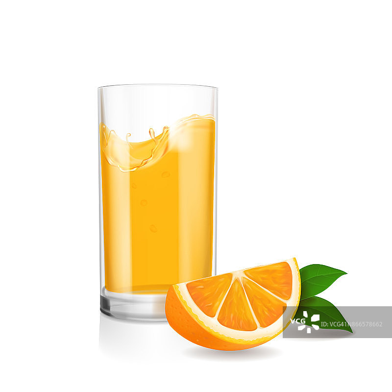 新鲜橙汁和玻璃杯。现实的矢量图图片素材