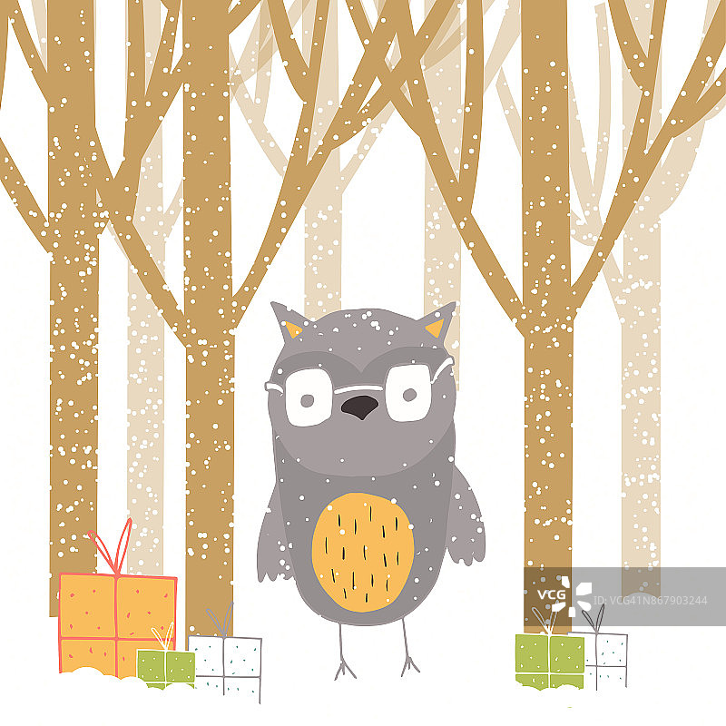 圣诞快乐可爱的贺卡与猫头鹰，森林和礼物图片素材
