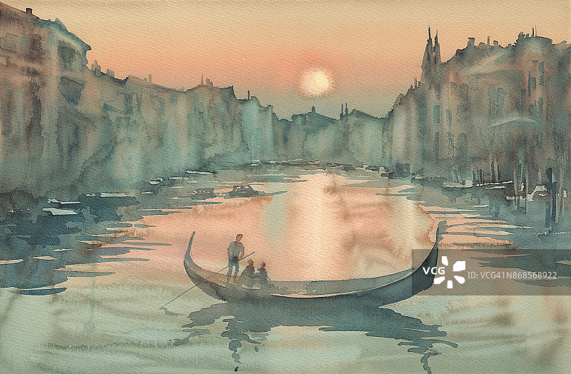 威尼斯日落水彩画图片素材