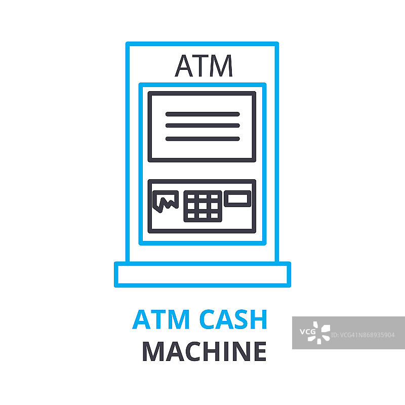 ATM提款机概念、轮廓图标、线形符号、线形象形图、平面插图、矢量图片素材