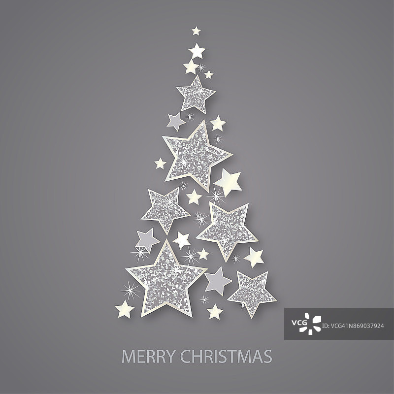 向量圣诞抽象冷杉树闪亮的银星。闪闪发光的背景与银色星星，体积设计。圣诞和新年邀请模板。图片素材
