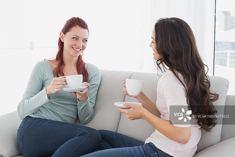 女性朋友在家边喝咖啡边聊天图片素材