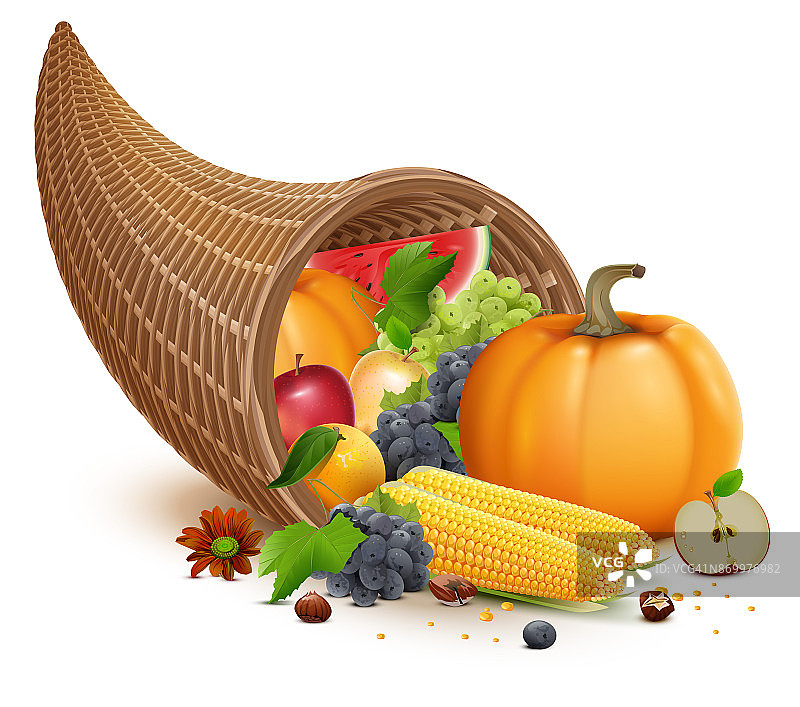 丰饶的感恩节盛宴。大丰收的南瓜、苹果、玉米、葡萄、西瓜图片素材