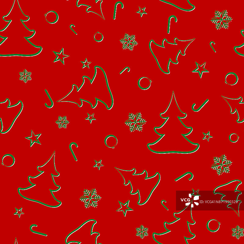 无缝图案从圣诞树，新年球，星星，糖果，雪花假日矢量绘制图片素材