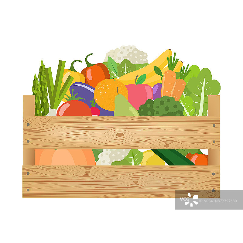 装着蔬菜和水果的木箱。健康的生活方式。图片素材