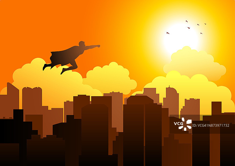 超级英雄在城市景观上飞行图片素材