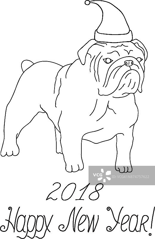 2018年新年快乐贺卡。白色和黑色的英国斗牛犬坐在圣诞老人的帽子。手绘草图矢量插图。书法刻字。成人儿童涂色书页图片素材