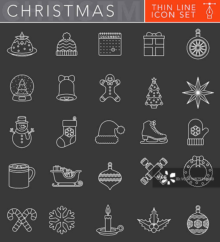 圣诞细线图标设置在平面设计风格图片素材