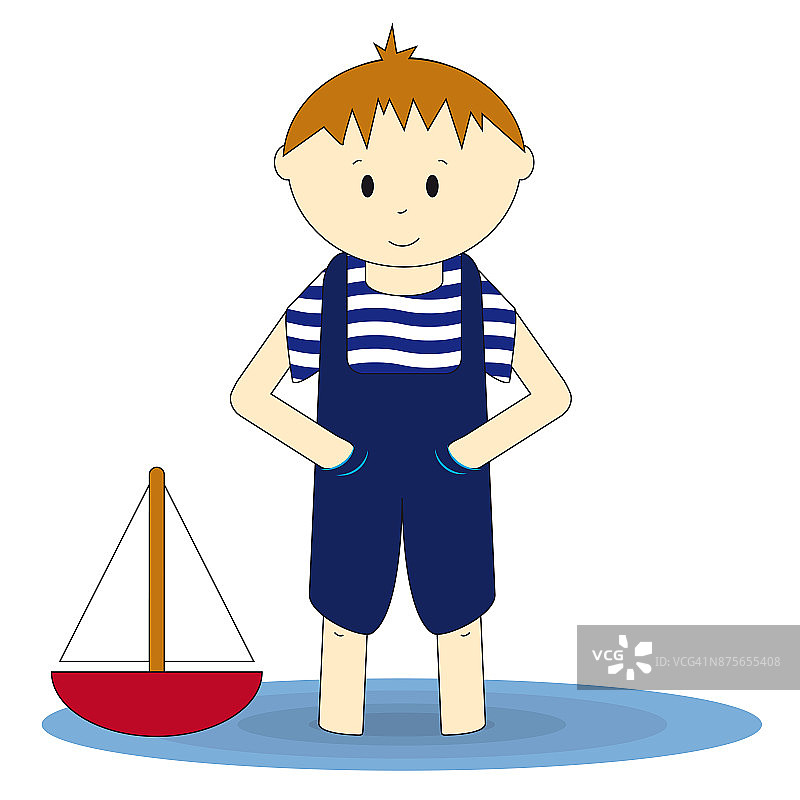 水手般可爱的小男孩站在水里图片素材