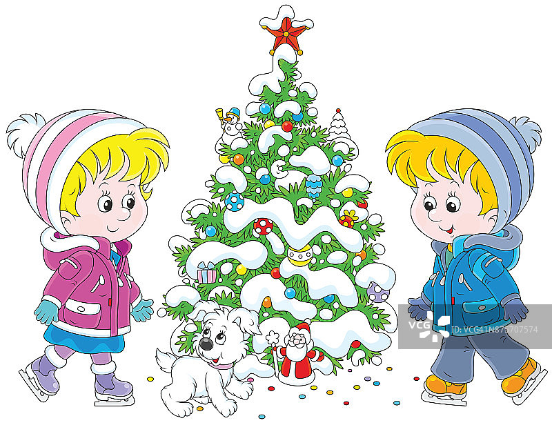 孩子们在圣诞树周围溜冰图片素材