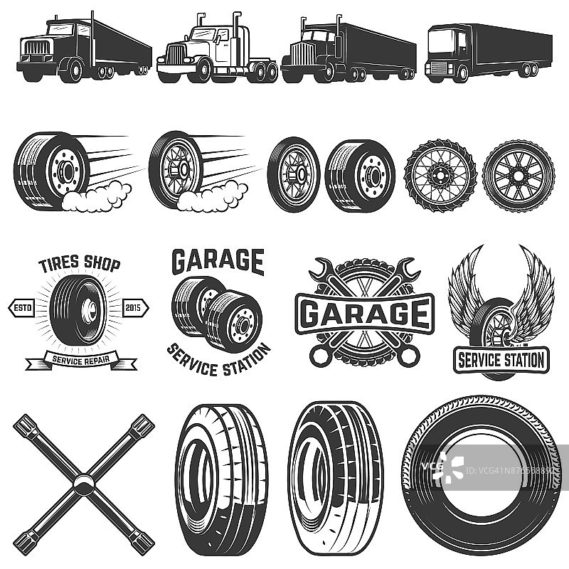 一套轮胎服务设计元素。卡车的插图,轮子。商标、会徽、标识的设计元素。矢量图图片素材