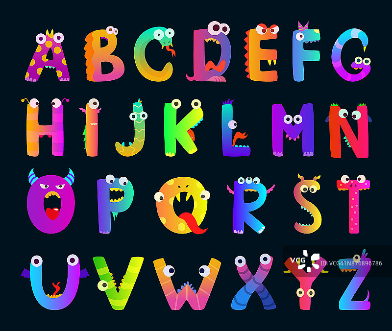 孩子们用有趣的怪物字母拼字母。向量可爱的人物图片素材