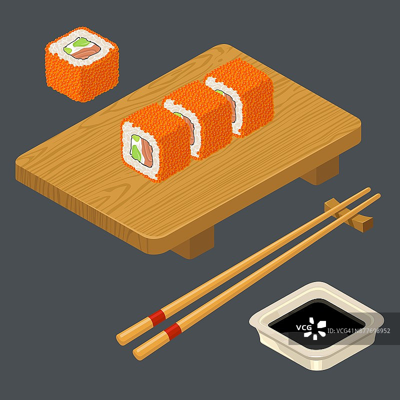 费城寿司卷配鱼、奶油芝士、筷子、木板。图片素材