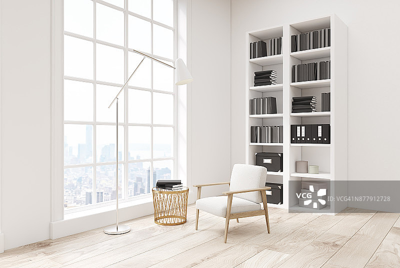 白色的客厅，一个书架，侧视图图片素材