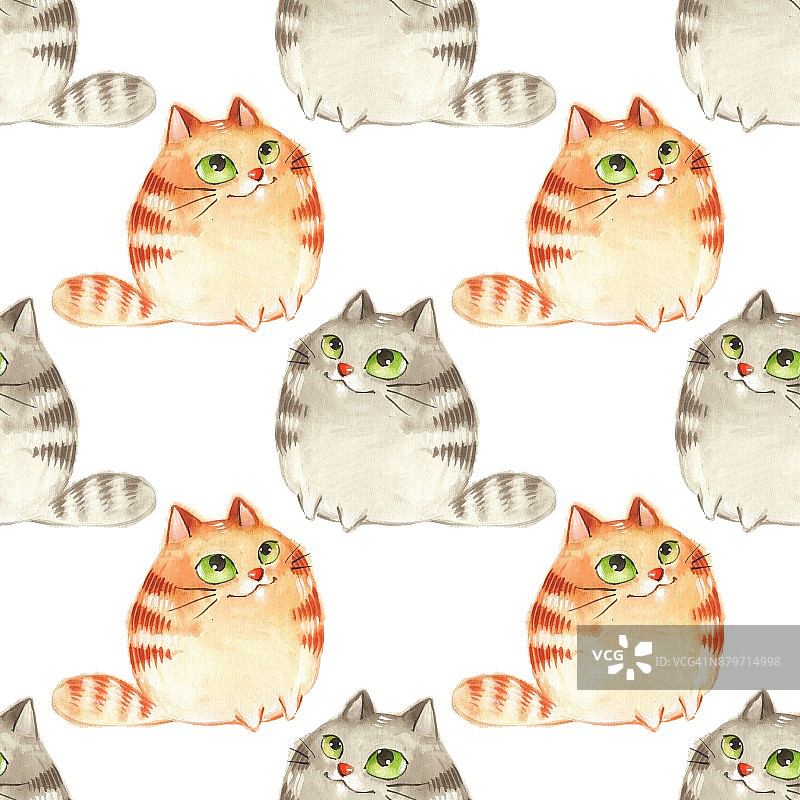 水彩卡通猫，无缝图案5种图片素材