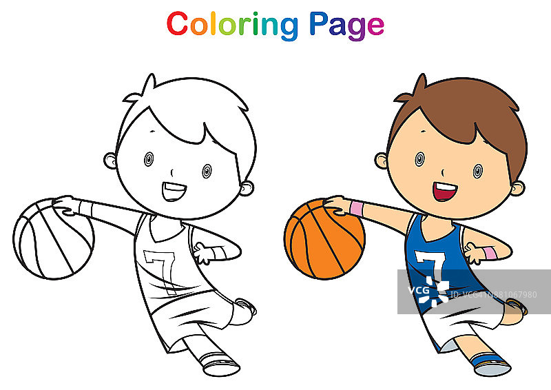涂色书:男孩打篮球图片素材