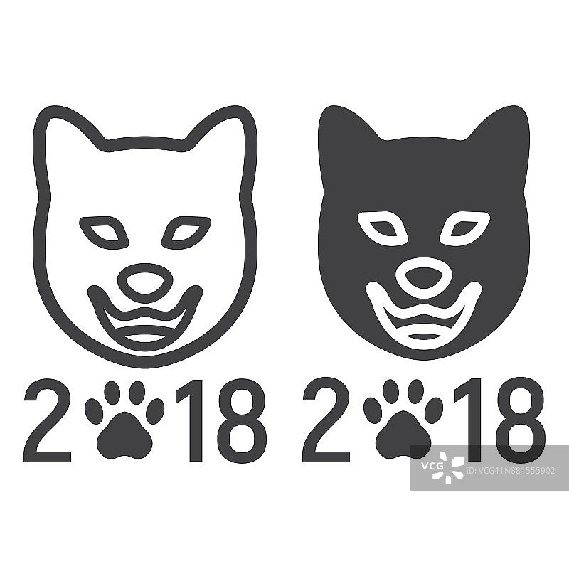 狗，中国生肖2018年线和字形图标，新年和圣诞节，圣诞符号矢量图形，一个白色背景上的线性图案，eps 10。图片素材