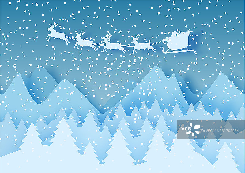 3d抽象蜡笔剪纸的冬季景观与云，松树，山和圣诞老人。向量图片素材
