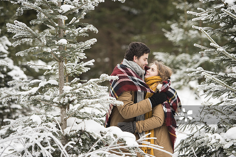 幸福的年轻夫妇裹着毯子站在冬天的森林里图片素材
