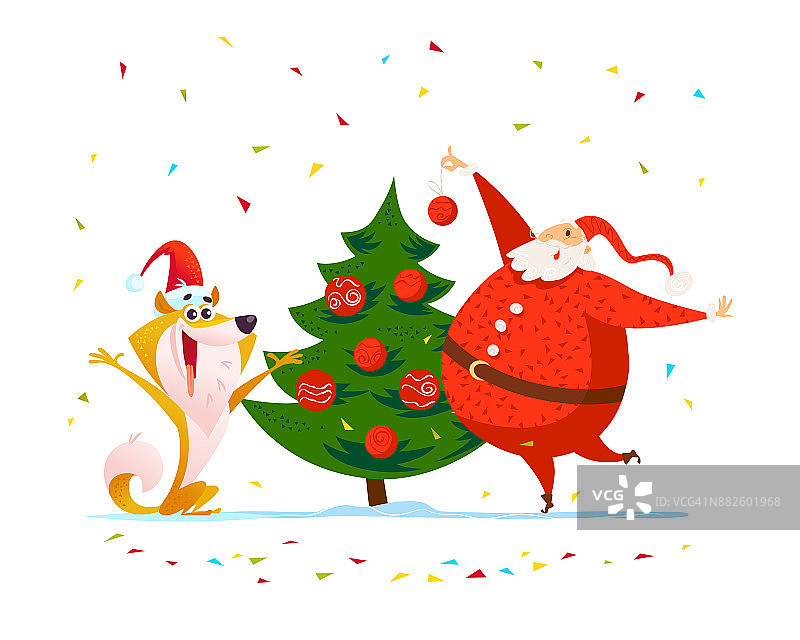 矢量平坦的圣诞快乐插图与圣诞老人和狗在圣诞帽装饰新年冷杉树孤立的白色背景。图片素材